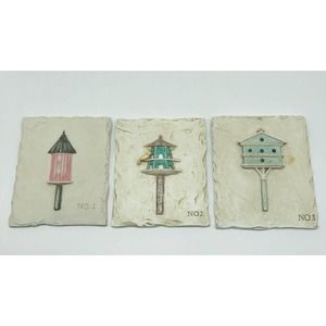 Hen Feathers 3-D Bird Houses 6x5” Cast Resin Plaques -Set Of 3- Wall Decor A1